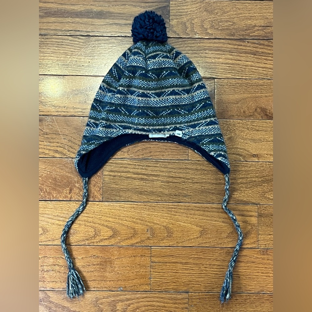 Toad & Co Wool Blend Earflap Beanie Blue Fair Isle Pom Pom One Size Cabincore